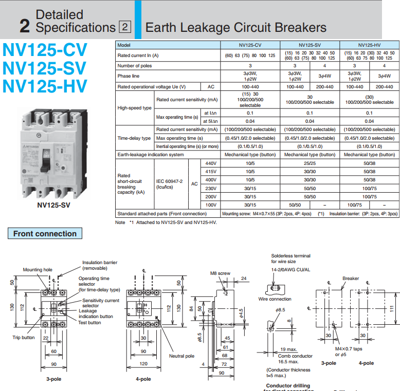 ELCB MITSUBISHI 3P 100A 30mA 10kA ( NV125-CV ) | NV125-CV 3P 100A